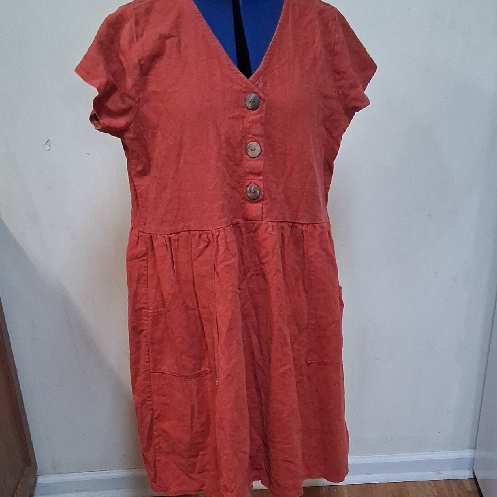 Rust Orange Linen Button-Front Dress